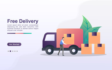 Free Delivery illustration concept with tiny people. The courier is picking up and arranging the boxes, the orders are ready to be delivered to the customer's address.