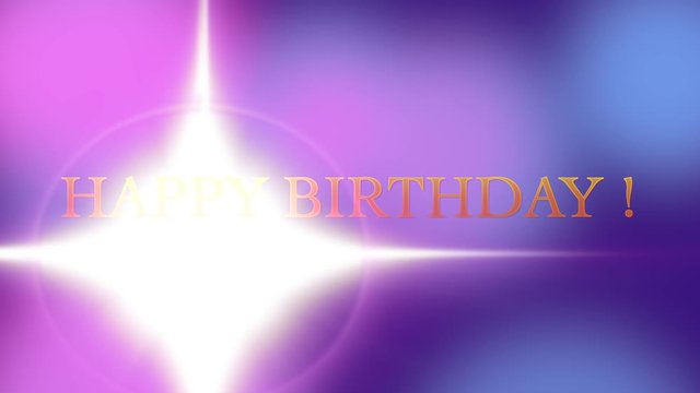 Happy birthday jaune, dynamique avec étoiles sur fond rose et violet mouvant