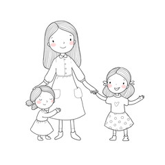 Young mother and two daughters. Cute cartoon sisters. Happy family. Kindergarten teacher