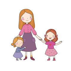 Young mother and two daughters. Cute cartoon sisters. Happy family. Kindergarten teacher
