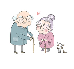 Happy senior couple. Grandmother and grandfather walk with a dog