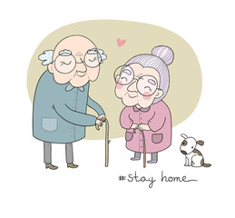 Happy senior couple. Grandmother and grandfather walk with a dog. Lettering Please stay home