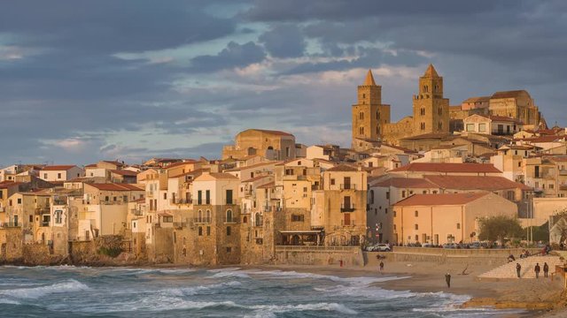 Beautiful Time Lapse of the medieval city Cefalu at sunset, Sicily, Italy