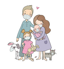 Family in white medical face mask for prevent virus. Coronavirus quarantine