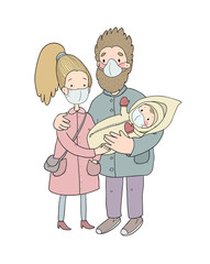 Family in white medical face mask for prevent virus. Coronavirus quarantine
