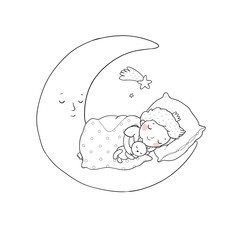 The little prince is sleeping on the moon. Cute cartoon boy in bed