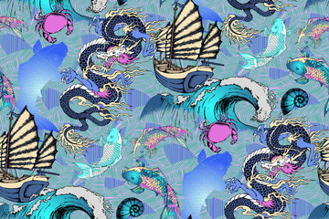 Pattern of asian dragon and japanese fish. Vector illustration. Suitable for fabric, wrapping paper and the like