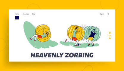 Boys Characters Having Fun Zorbing Recreation Landing Page Template. Teenagers Playing Soccer and Spending Time Outdoors in Zorb Balls. Summer Activity Sport Relax. Linear People Vector Illustration