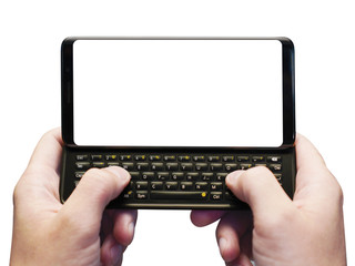 Newest smartphone with physical keyboard with blank screen in rotated perspective position - on...