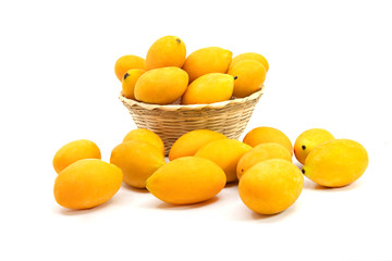 Fresh ripe Marian Plum, Mayongchid, Maprang, Plum Mango on white background, tropical Thai fruit