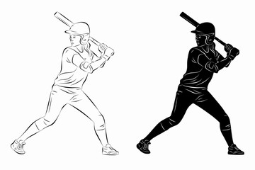 illustration of a softball woman player, vector drawing