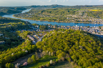Aerial view of the Rhine Valley and the Cities Remagen  Erpel and Unkel Germany