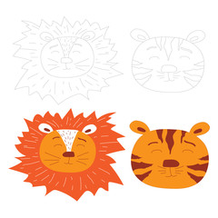 Cute icons of tiger and lion head outline. Savanna animal in doodle style isolated on white background. Stock illustration in flat style. Coloring book for adults and children.