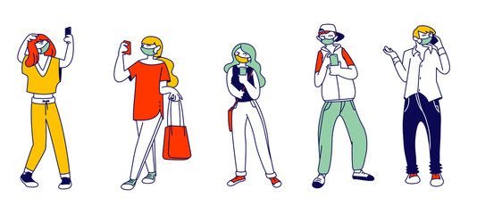 Young Men and Women Characters in Medical Masks Holding Mobile Phones. People Chatting, Texting in Social Media on Quarantine Self Isolation. Teens Smartphone Addiction. Linear Vector Illustration