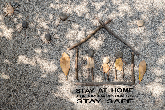 Text Stay at home, stop coronavirus covid-19, stay save. Concept of self-quarantine at home as a preventive measure against an outbreak of the virus.  staying at home during the pandemic.