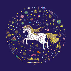 Cute running magic unicorn with constellations, stars, crystals, hearts and lettering isolated on blue