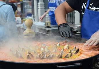 Delicious seafood fillets salmon adn tuna, clam, paello, burgers with shrimps, grill cabbage