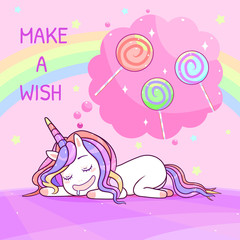 Happy birthday greeting card set, kawaii unicorn dream about lollipop, cartoon style illustration