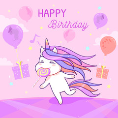 Happy birthday greeting card set, kawaii unicorn with lollipop and balloon, cartoon style illustration