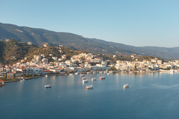 Top view of the Poros island, Greece. Morning aerial shot.