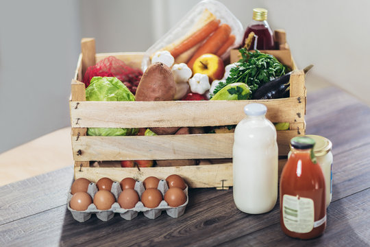 Fresh Organic Groceries In A Wooden Box. Supply From Local Producers.