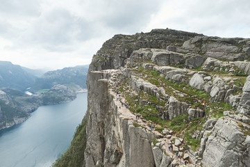Aerial view at Preikestolen on Lysefjord in clouds