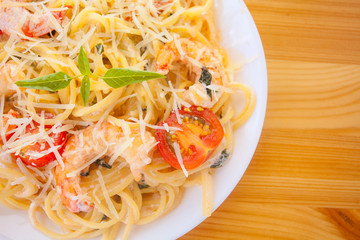 delicious Spaghetti pasta with prawns on  plate