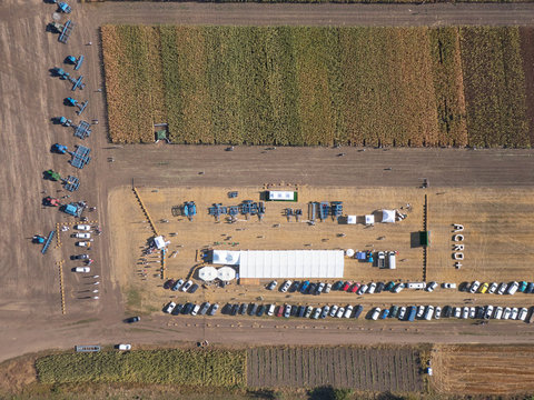 Sal`nyk, Vinnytsia, Ukraine - SEPT 02 2019: Agricultural farming event AGRO PLUS. Aerial shot of field and tractors