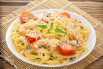delicious Spaghetti pasta with prawns on  plate