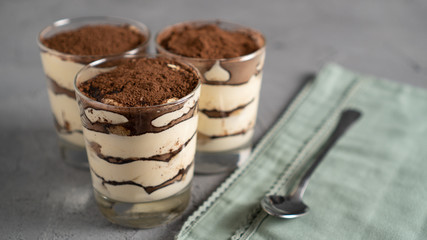 Top view isolated tiramisu in glass. Classic tiramisu recipe with Ladyfingers, mascarpone cheese and cacao powder