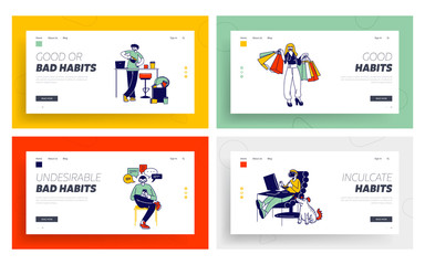 Characters with Bad Habits Landing Page Template Set. People Drinking Much Coffee, Playing Computer Virtual Games, Using Gadgets Devices and Make Useless Purchases in Store. Linear Vector Illustration