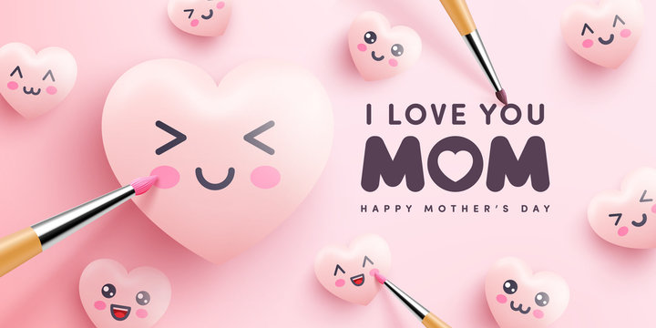 Mother's Day Poster or banner with cute hearts and painting on pink background.Promotion and shopping template or background for Love and Mother's day concept.Vector illustration eps 10