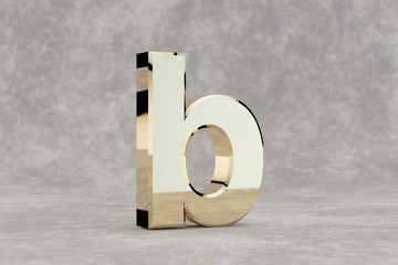 Gold 3d letter B lowercase. Glossy golden letter on concrete background. Metallic alphabet with studio light reflections. 3d rendered font character.