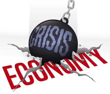 Wrecking Ball like Crisis Symbol Smashing the Economy Floor, Vector Illustration