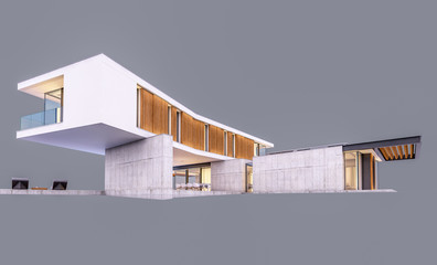 3d rendering of modern cozy house on the hill with garage and pool for sale or rent in evening with cozy light from window. Isolated on gray