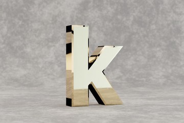 Gold 3d letter K lowercase. Glossy golden letter on concrete background. Metallic alphabet with studio light reflections. 3d rendered font character.