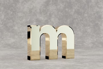 Gold 3d letter M lowercase. Glossy golden letter on concrete background. Metallic alphabet with studio light reflections. 3d rendered font character.