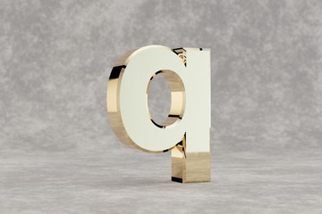 Gold 3d letter Q lowercase. Glossy golden letter on concrete background. Metallic alphabet with studio light reflections. 3d rendered font character.