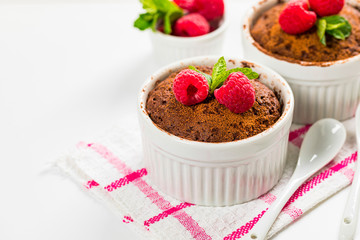 Mug Chocolate Cake. Instant Chocolate Cake in Portion Bowl. Selective focus.