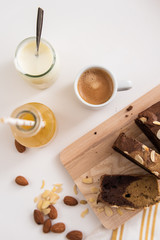 Home made banana bread for breakfast with coffee, juice and yoghurt