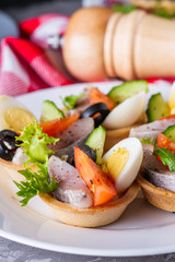 delicious snack tartlets on dark stone background