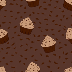 Tasty chocolate cupcake icon. Sweet dessert. Seamless pattern. Vector illustration