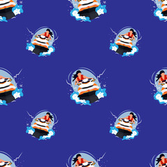 Seamless pattern of woman rides a water scooter. Stock illustration isolated on blue background. Traveling around the world. Flat design for fabric, textile and ets.