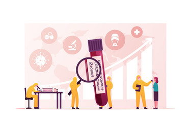 Doctor Character in Protective Costumes and Masks Look on Huge Express Test Sampling to Determine Presence of Contagious Coronavirus Infection Disease in Laboratory. Cartoon People Vector Illustration