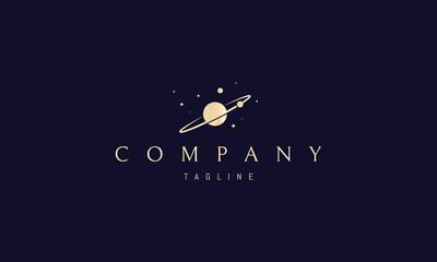 Vector golden logo on which an abstract image of a planet with an orbit in outer space. © Дмитрий Василега