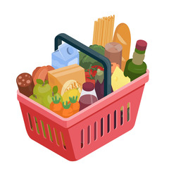 Red shopping basket with different food isometric illustration. Stock vector. Grocery shopping, supermarket illustration. Isolated on white.