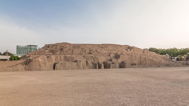 Pyramid of Huaca Pucllana timelapse hyperlapse, pre Inca culture ceremonial building ruins in Lima, Peru. Walking on a wooden footbridge around