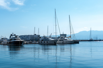 Fototapeta na wymiar June 2019. Big yachts are parked in port of Rijeka in Croatia.