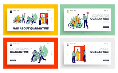 Obraz na płótnie Canvas Quarantine Control Landing Page Template Set. Characters Violate Self Isolation, Policemen Arrest Person in Costume of Tree, Bicyclist in Park, Cheking Quarantined People. Linear Vector Illustration