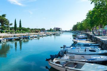 June 2019. Beautiful view of boats which are parked in Rijeka Harbor during the hot summer day in Croatia.